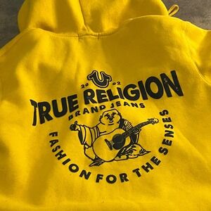 True Religion Zip Up Hoodie Mens Small Yellow Buddha Graphic Fleece *Pilling*